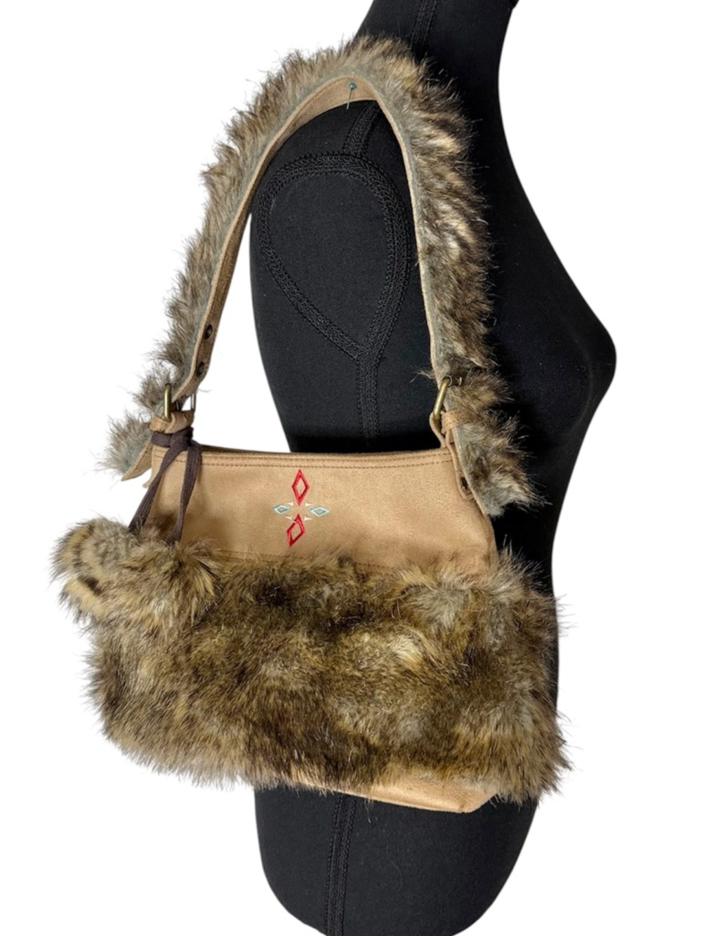 ALDO Tan Faux Suede Faux Fur Embroidered Design Shoulder Bag Pompom Snap Closure